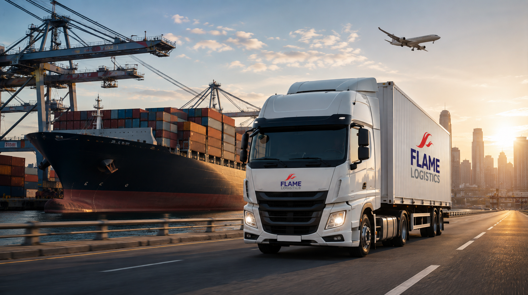 A cinematic, high-resolution wide shot of a massive modern cargo ship